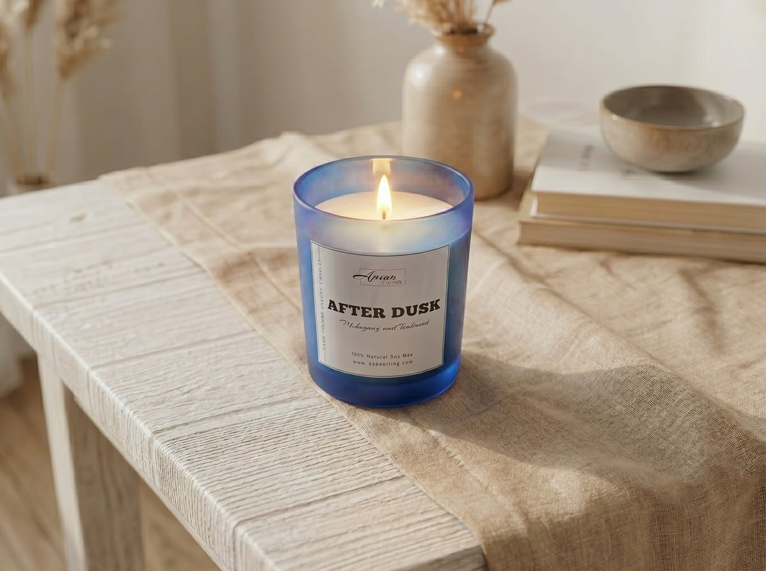 Apsaa Living After Dusk mahogany teakwood candle styled in warm luxury evening home setting
