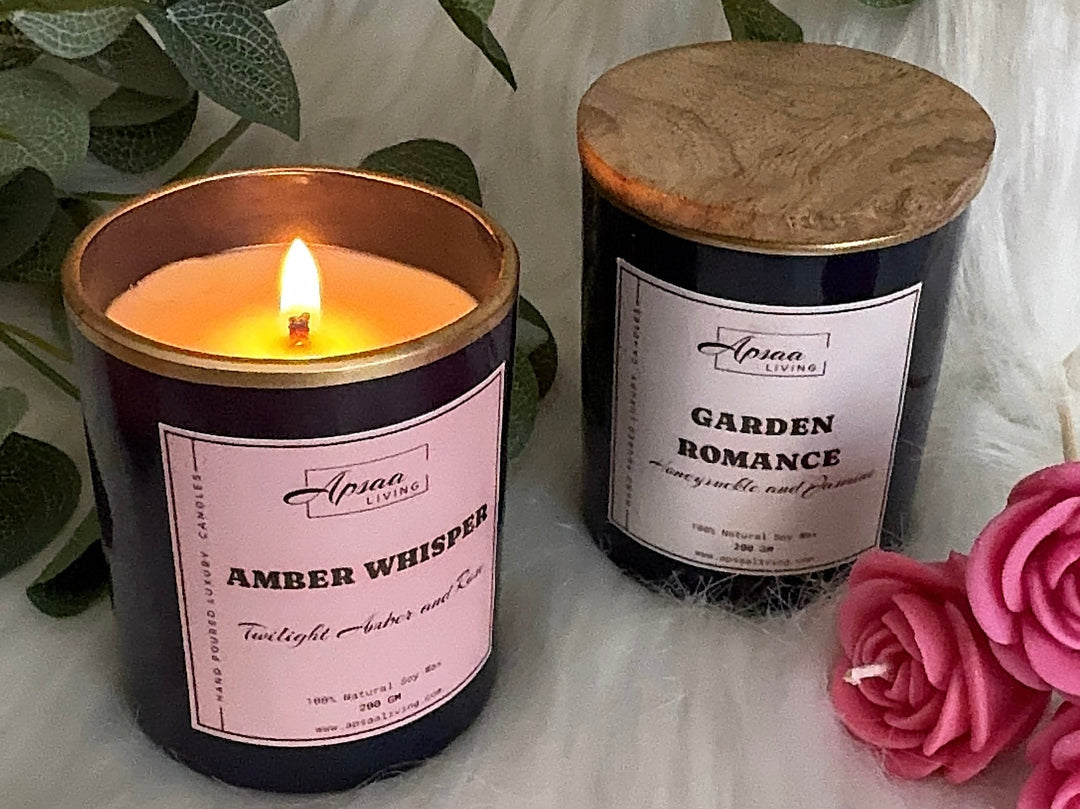 'Amber Whisper' and 'Garden Romance' glass jar candles with lids