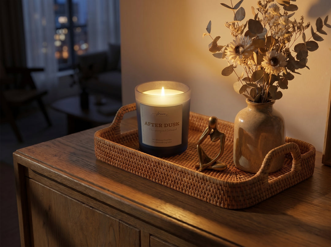 Premium woody scented After Dusk candle by Apsaa Living creating cozy sophisticated ambiance