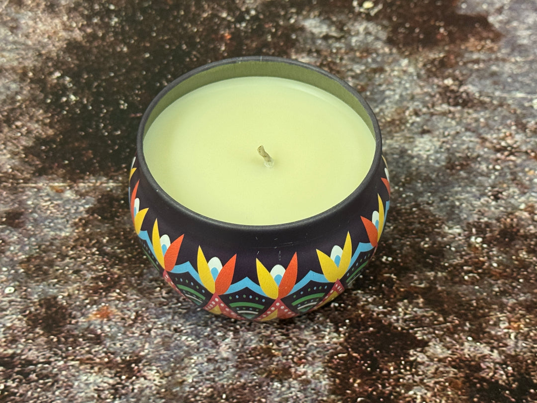 Vetiver and sandalwood candle glowing with calming earthy ambiance