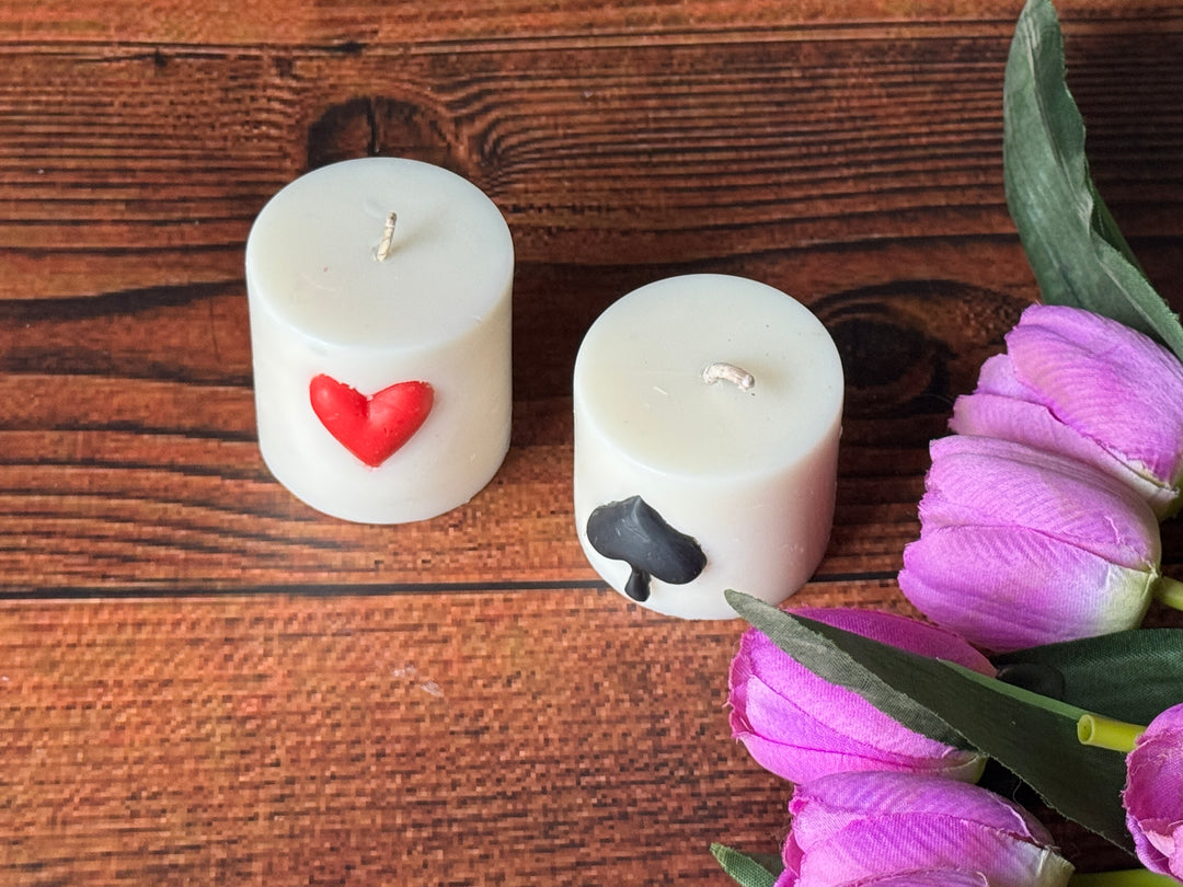 Unique pillar candle inspired by poker and casino aesthetics