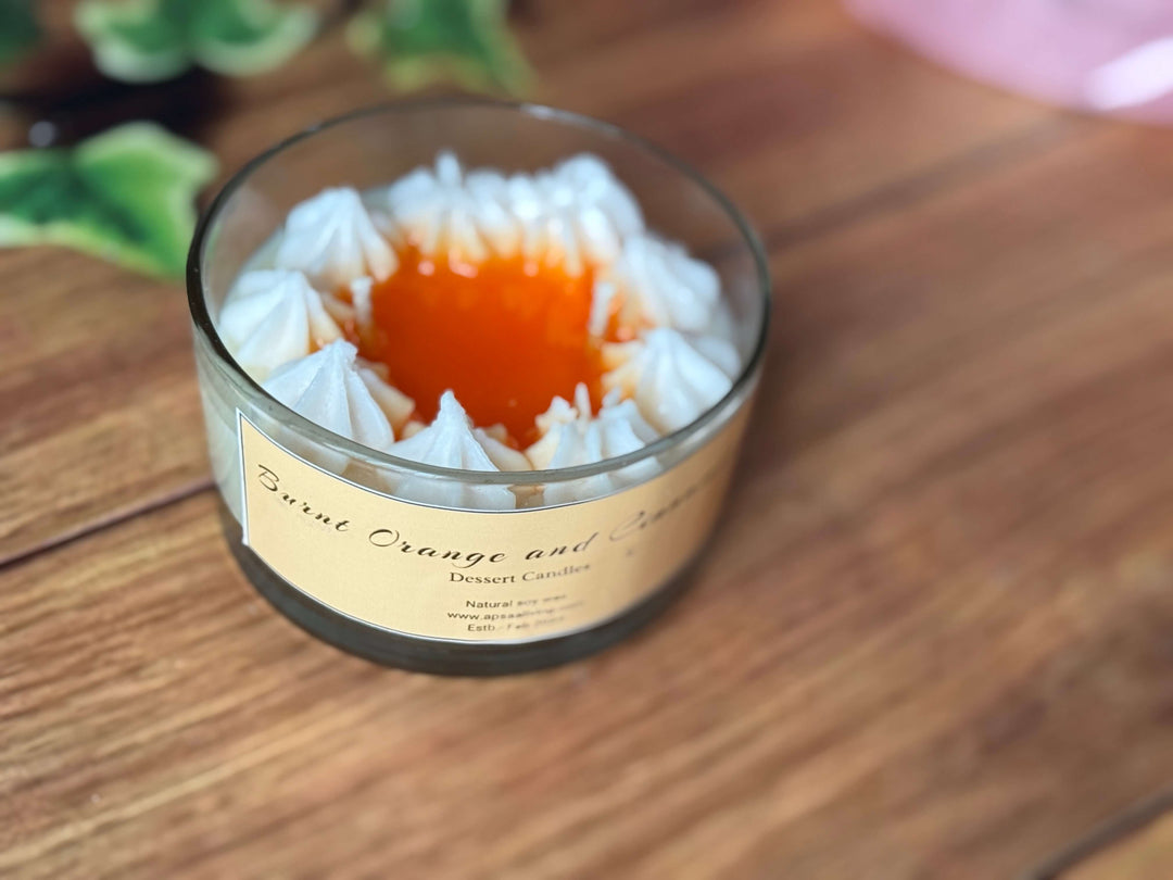Close-up of cinnamon scented dessert candle with textured wax design