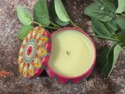 Hand-poured soy wax candle inside decorative Moroccan jar