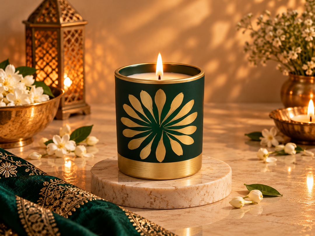 Luxury emerald green and gold decorative candle featuring a botanical floral design, styled with elegant home décor accents.