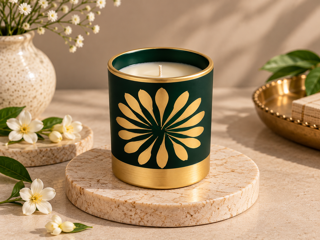 Close-up of the emerald green scented candle showcasing its gold floral motif, metallic rim, and Japanese Cherry Blossom fragrance candle design.