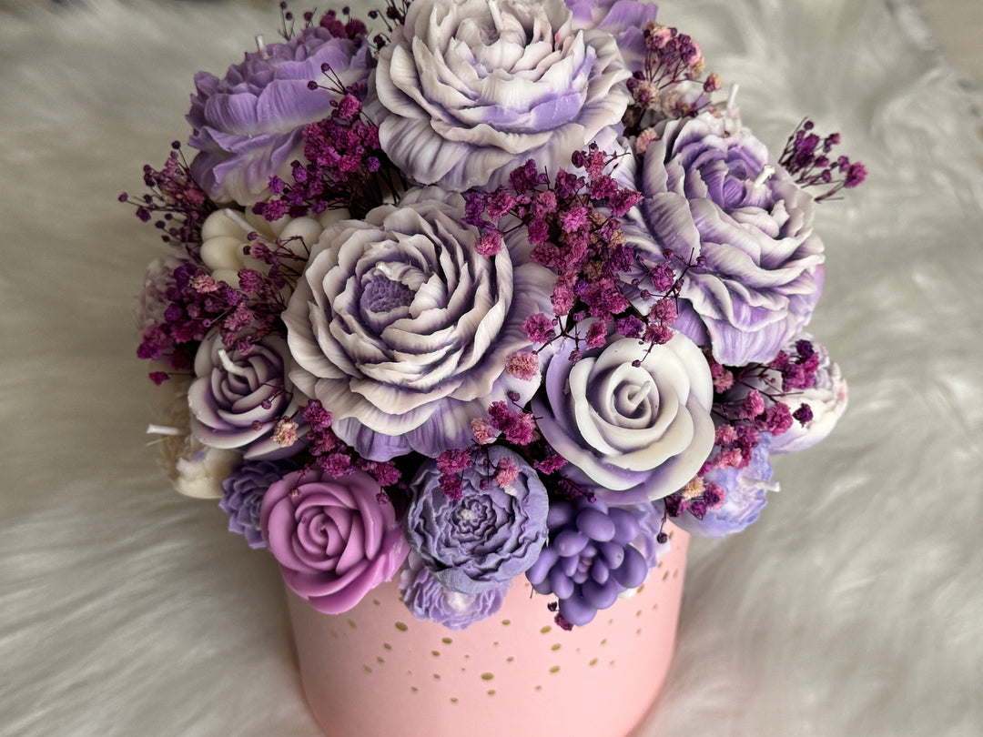 Close-up of floral candle petals in Lavender Bloom luxury candle bouquet