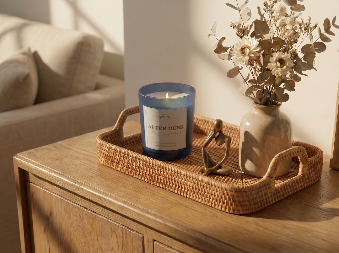 Premium woody scented After Dusk candle by Apsaa Living creating cozy sophisticated ambiance