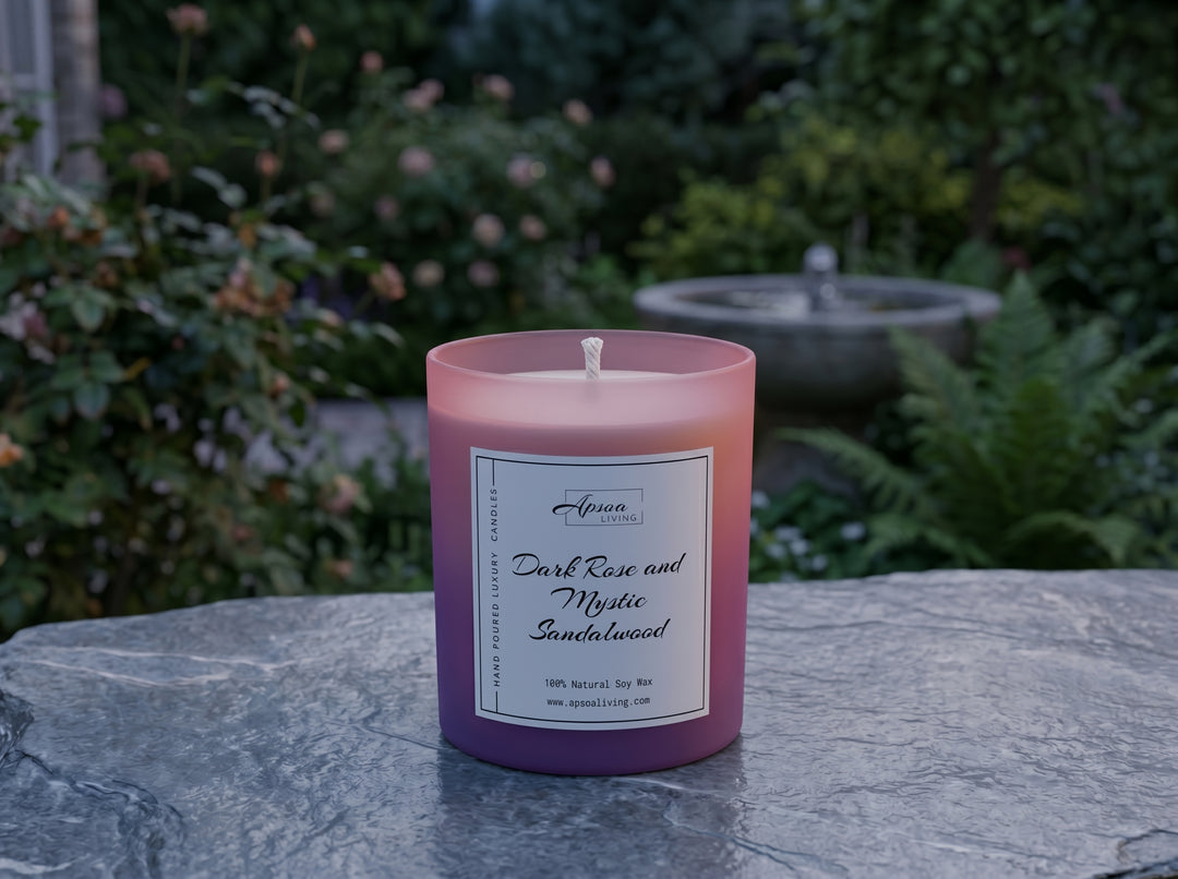 Close-up of lit pink purple frosted glass luxury soy candle with Dark Rose and Mystic Sandalwood fragrance