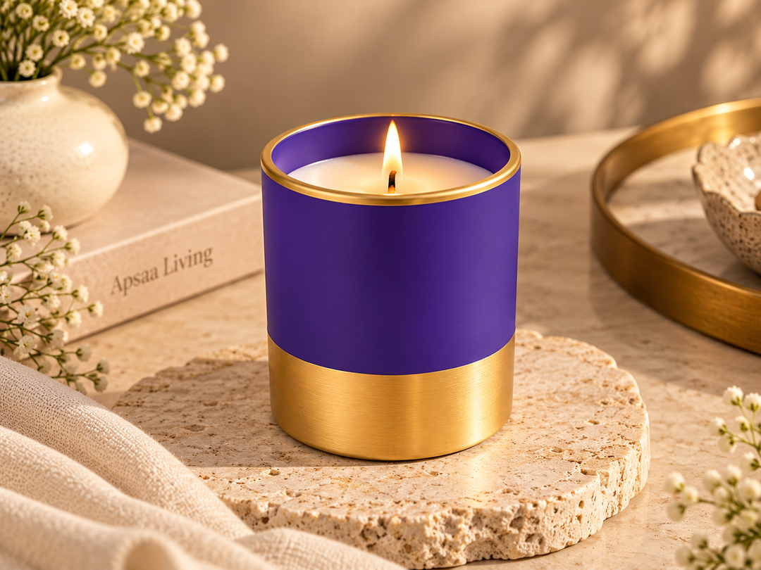 Purple and gold Petrichor Bloom scented candle styled with neutral décor accents for an elegant home ambience.
