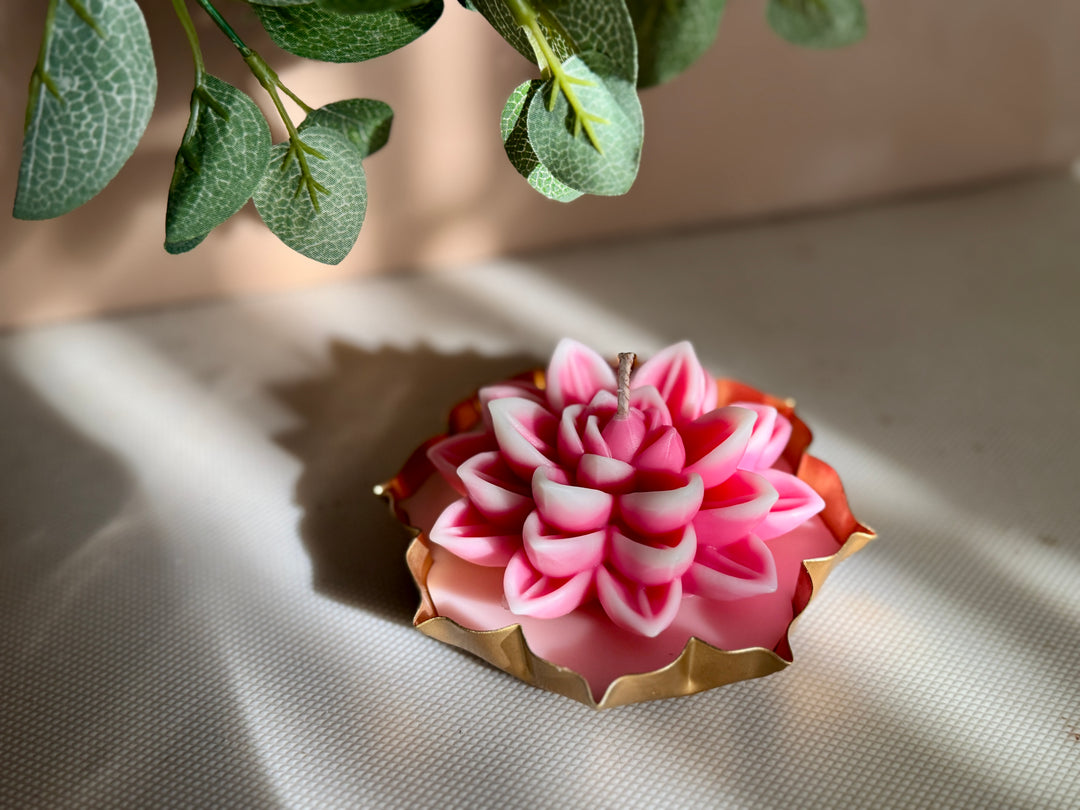 Close-up of lotus inspired luxury decorative candle with intricate floral detailing