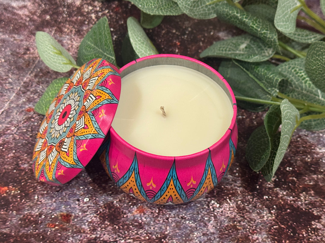 Moroccan style scented candle styled in warm cozy home decor setting