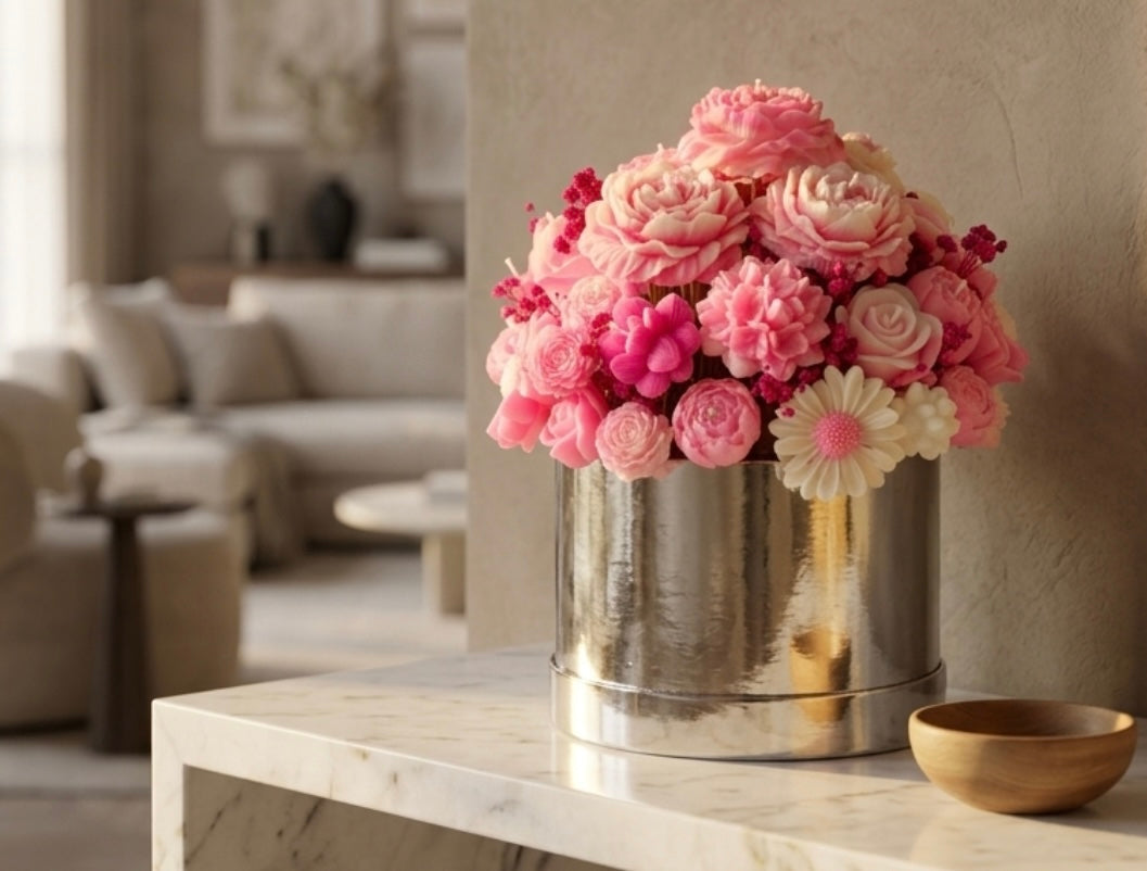 Pink handmade candle bouquet by Apsaa Living in elegant floral arrangement