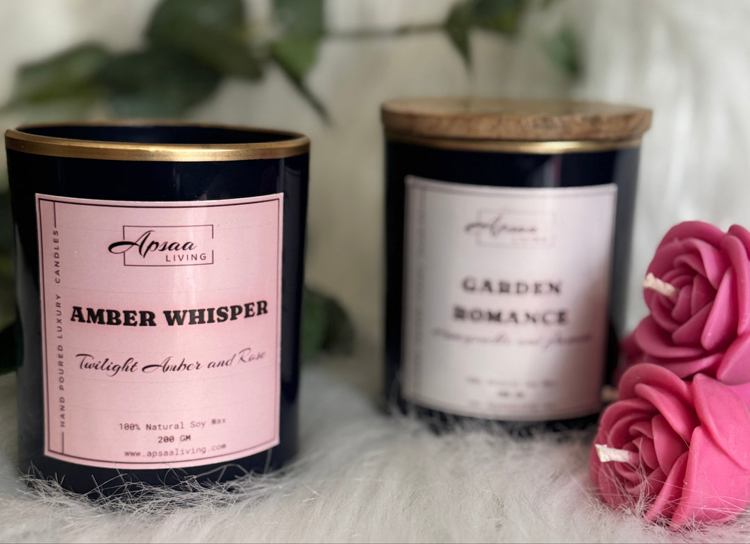 Golden rimmed glass jar candles with wooden lids