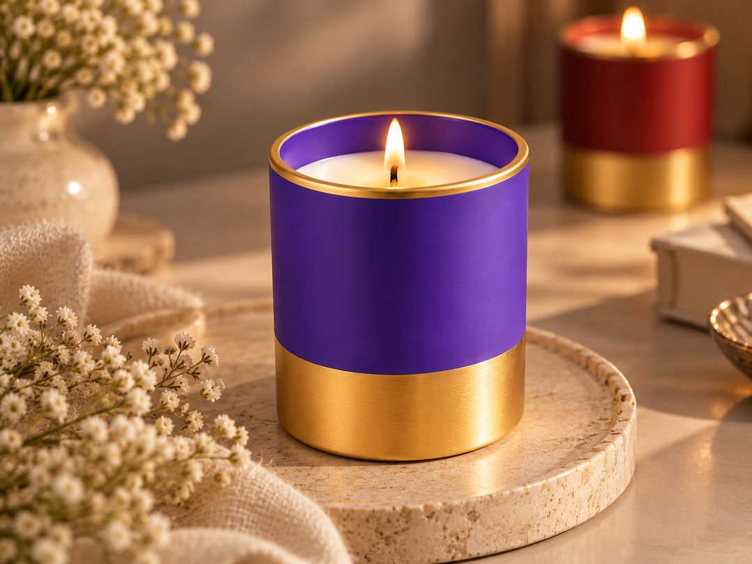 Close-up of the Petrichor Bloom candle highlighting its rich purple finish, gold rim, and decorative metallic base.