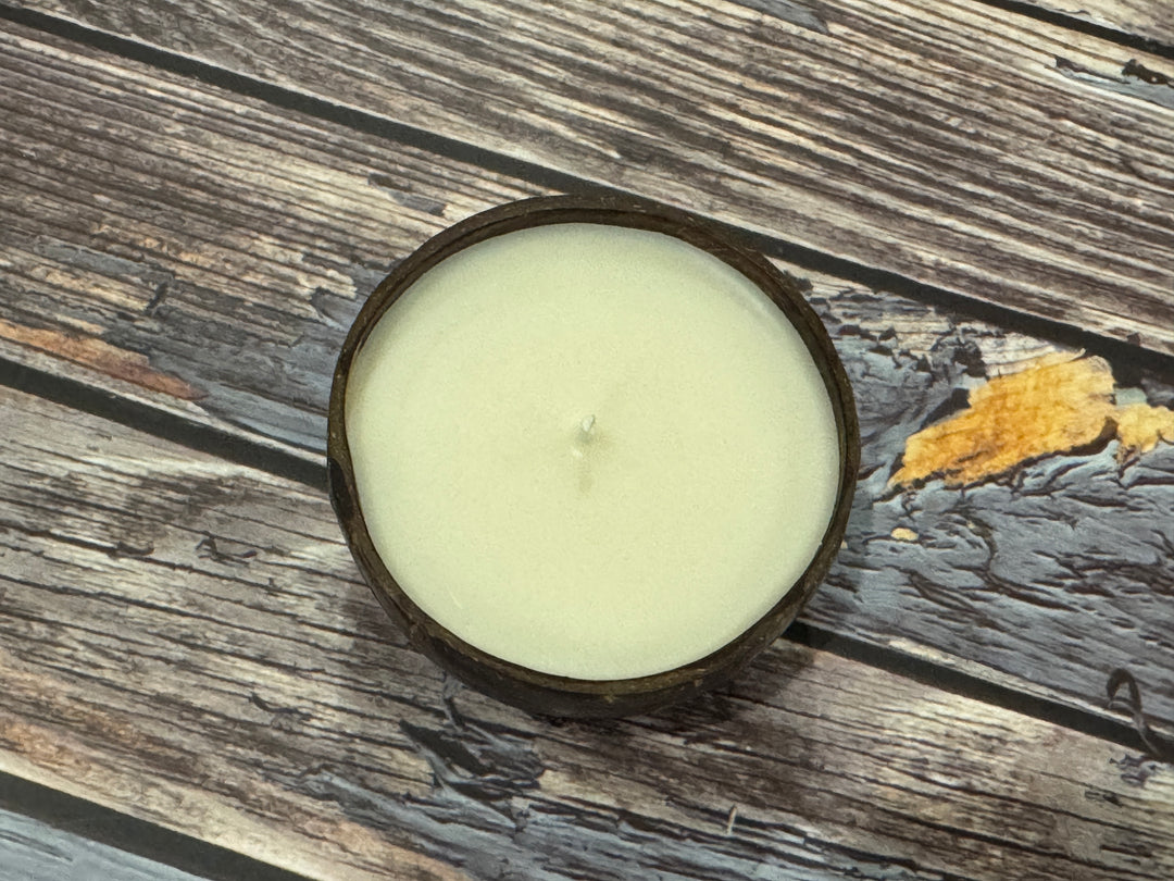 Rustic coconut shell candle styled as warm home decor accent