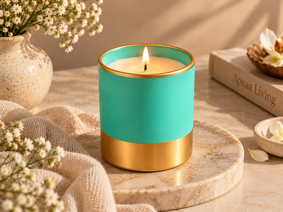 Close-up of the Turquoise Bloom candle highlighting its turquoise finish, gold accents, and refined decorative design.