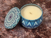 Luxury Moroccan tin jar candle with oakmoss and spicy bergamot fragrance by Apsaa Living